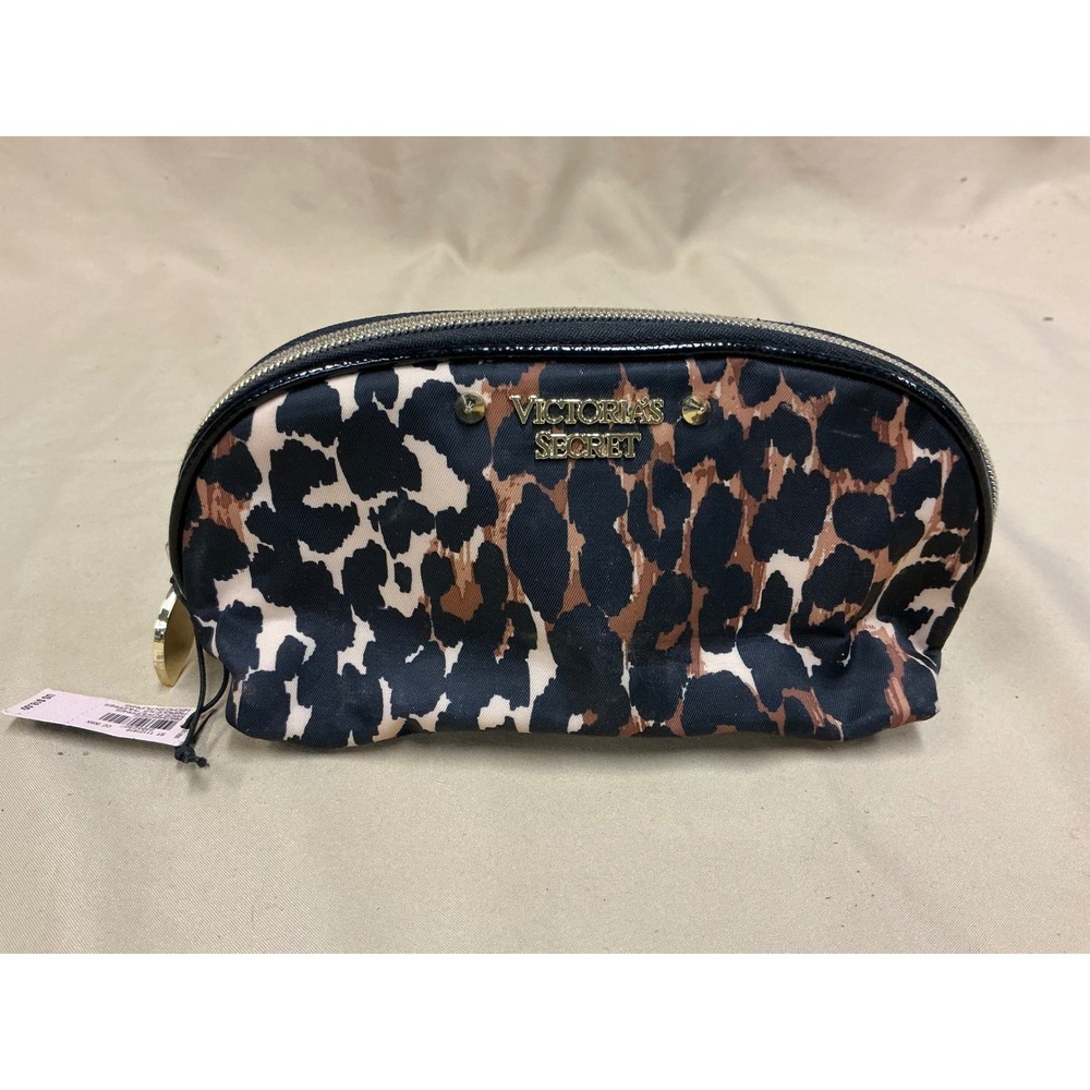 Victorias Secret Leopard Print Makeup Bag Red Lip Zipper Pull Gold Logo New